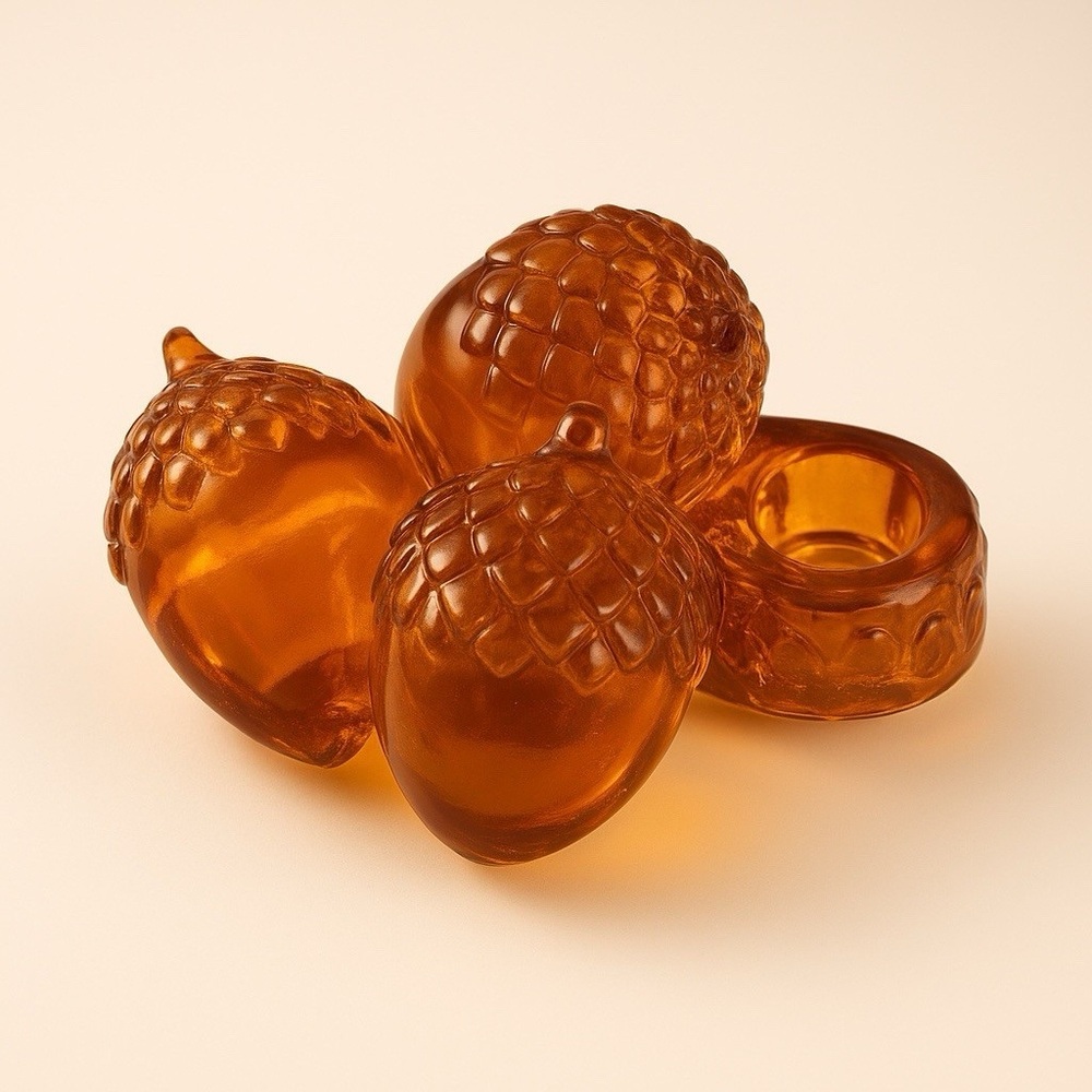 Vintage Amber Glass Acorn Tiny  Taper Candle Holder Fall Harvest Set of 4